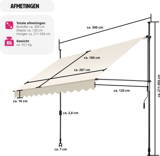 tectake - store à pinces - parasol - store - réglable - store à pinces - parasol balcon - 300 x 180 cm - beige - store - 404963