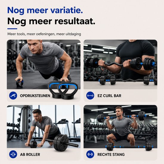 Sportfloww Dumbbells 28,5 kg – Ensemble d'haltères – Ensemble de poids comprenant un kettlebell, une barre d'haltères, une barre EZ et un rouleau abdominal – Haltères réglables