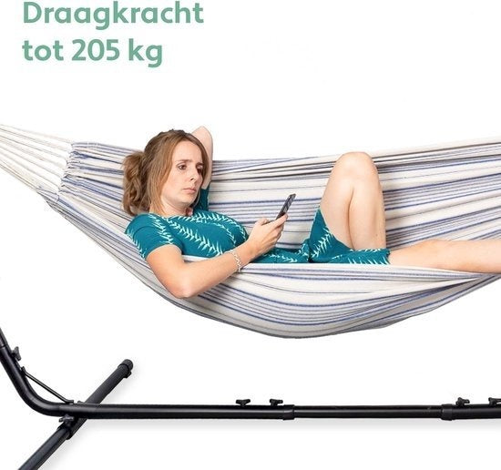 Hamac Vita5 avec support - 2 personnes - Porte-gobelet inclus - 205kg de poids - Bleu/Blanc