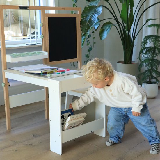 Table de dessin et de bricolage Sunny Olivia – Table de dessin et de bricolage en bois pour enfants – Livrée avec une chaise, un tableau blanc, un rouleau de papier et un espace de rangement – Meuble de jeu créatif