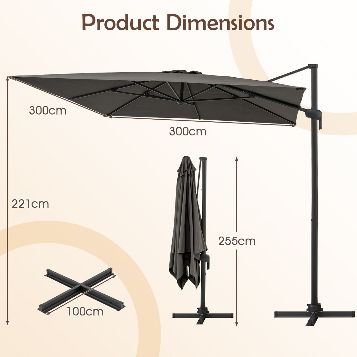 Parasol carré Coast - pivotant à 360° - inclinaison réglable - gris 300 x 300 cm