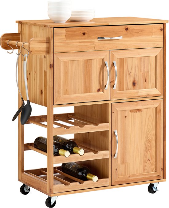 SoBuy Chariot de cuisine avec tiroirs et casier à vin, meubles de cuisine sur roues avec plan de travail, îlot de cuisine compact, couleur naturelle, 66×38×86 cm - FKW45-N