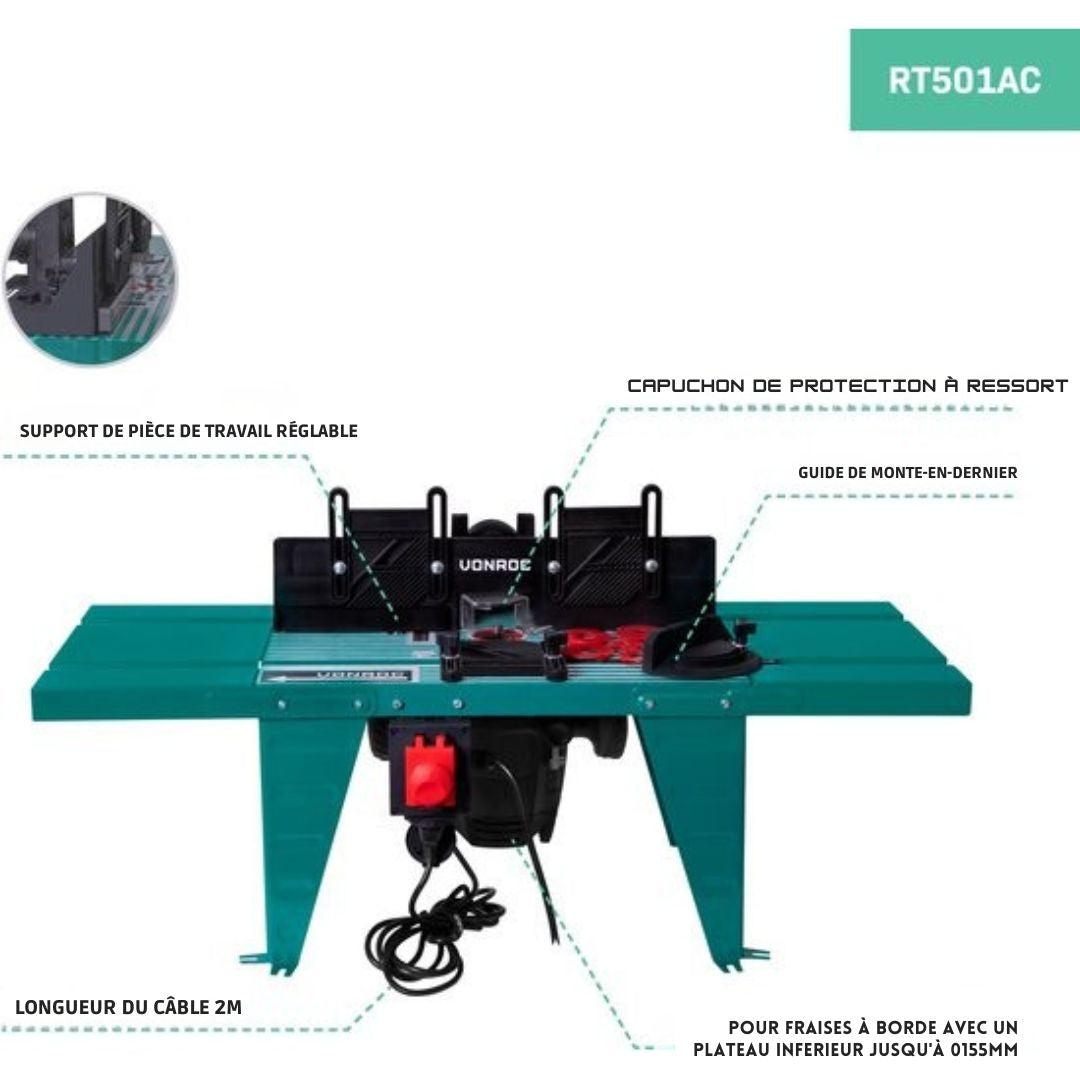 Table de fraisage universelle - VONROC - Pour défonceuse – Compatible avec défonceuses jusqu’à 155 mm de diamètre et 1800 W max - vert