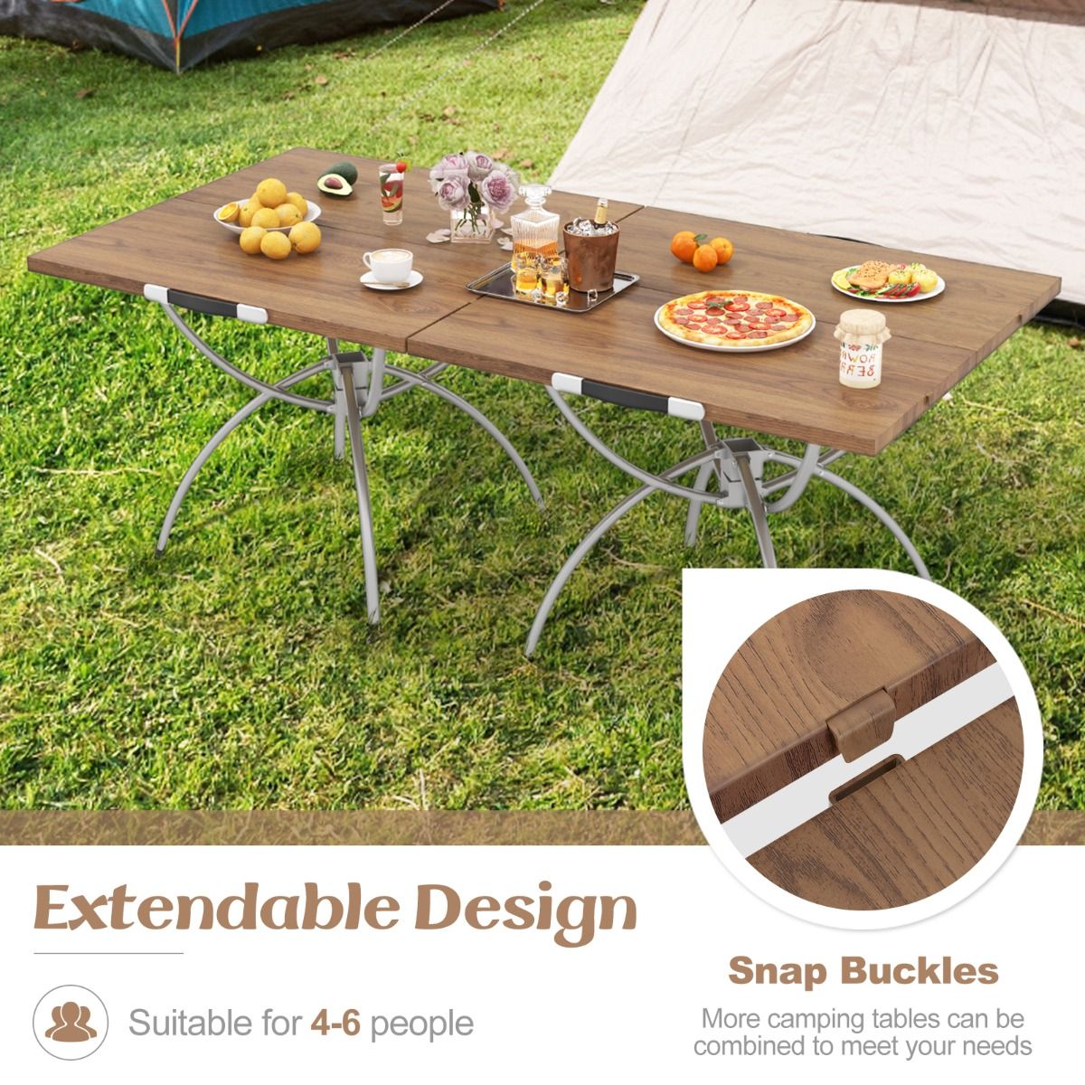 Ensemble de table de camping pliable Coast - Extensible - Aluminium léger - Plateau imitation bois - Couleurs café et argent