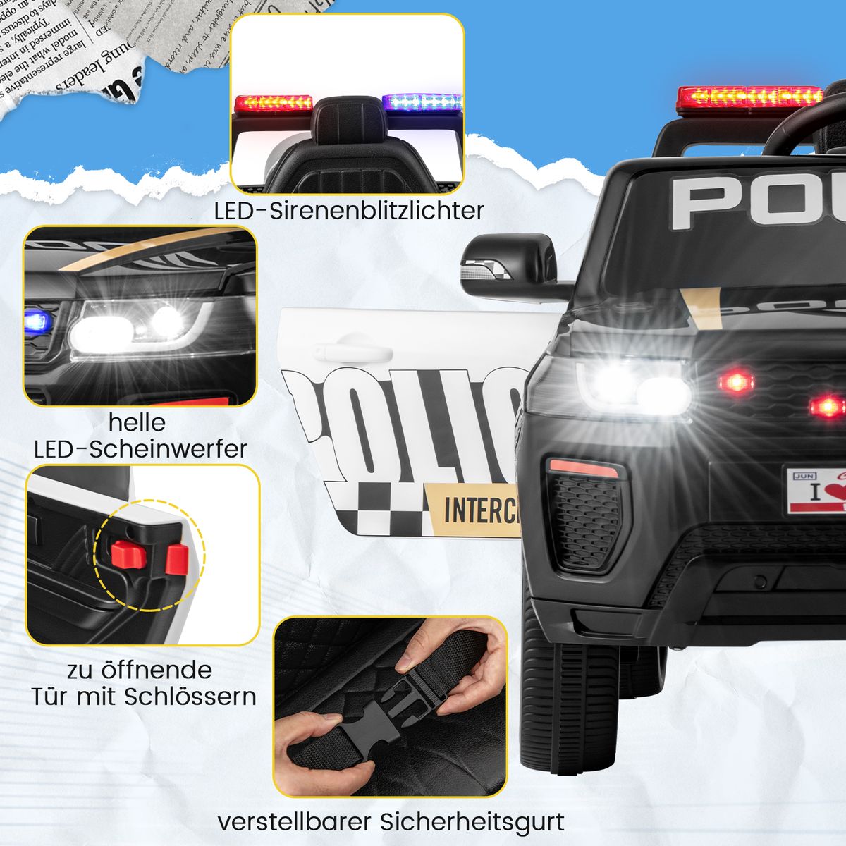 Voiture de police électrique pour enfants Coast - avec télécommande - sirène et éclairage LED - noire
