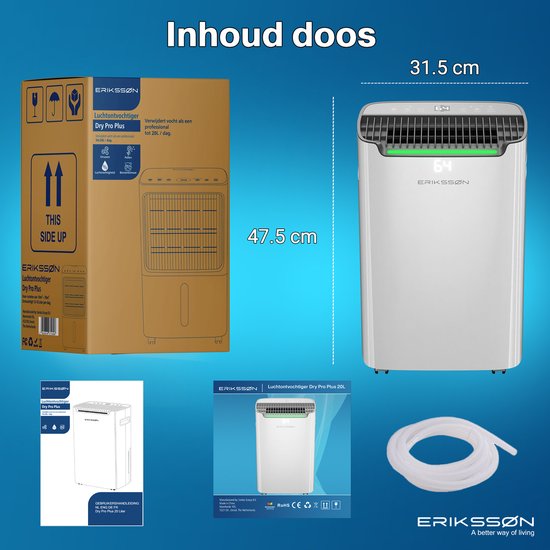 Déshumidificateur Dry Pro Plus d'Erikssøn - Déshumidifie jusqu'à 20 litres par jour - Fonction Lavage-Séchage - Convient pour la maison, la chambre, la salle de bain, le salon et le sous-sol - Déshumidificateur - Blanc