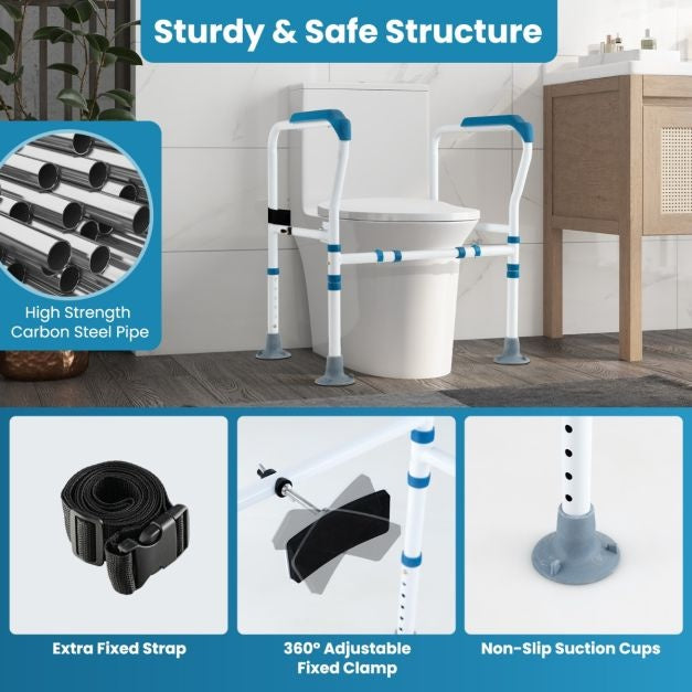 Coast Support de toilette - Réglable dans 6 directions, Antidérapant, Seniors - L 62-68 x H 65,5-78 cm - Acier au carbone/HDPE - Bleu/Blanc