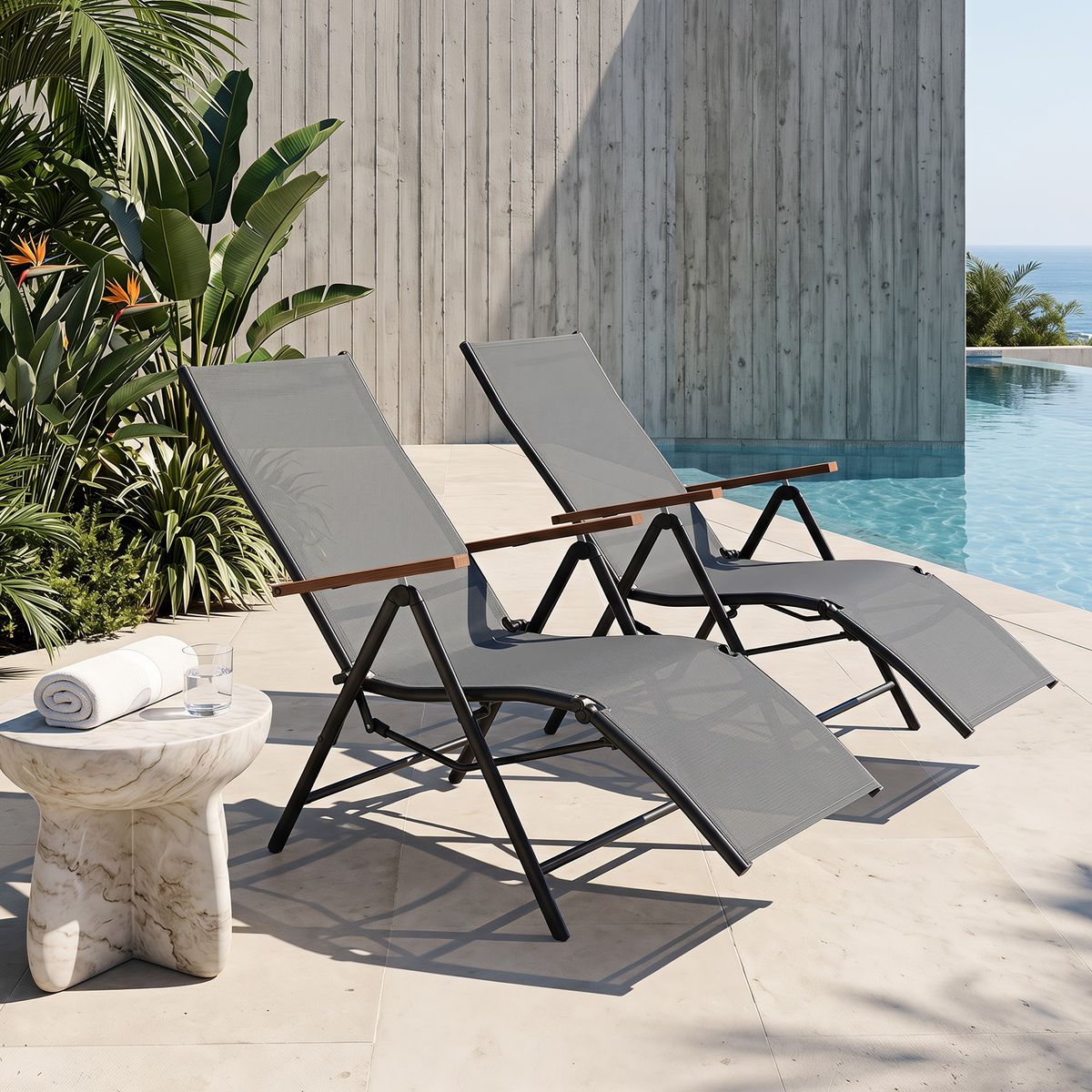 Chaise longue pliable Coast - dossier réglable sur 5 positions - tissu respirant - gris - 1 pièce