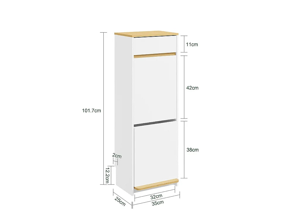 Meuble poubelle Sobuy avec pédale et tiroir - Blanc aspect chêne clair - 35 × 25 × 101,7 cm