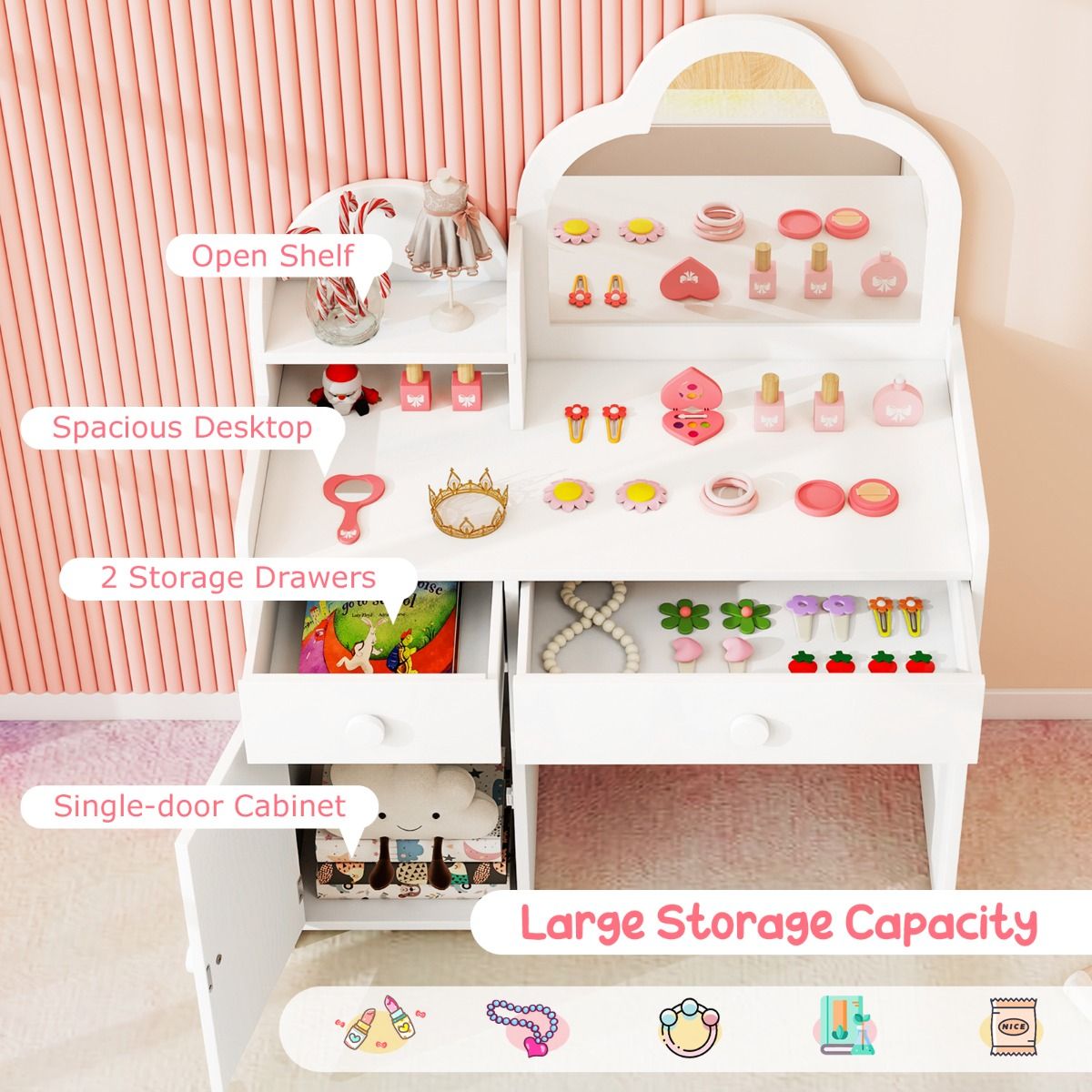 Ensemble de coiffeuse pour enfants Coast - miroir en forme de nuage - coiffeuse 2-en-1 avec tabouret - blanc