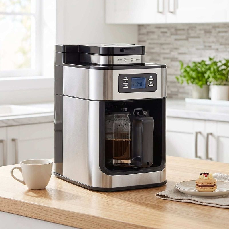 Cafetière Northix avec moulin à grains - 8 tasses - 1 L - Minuterie - Noir/Argent