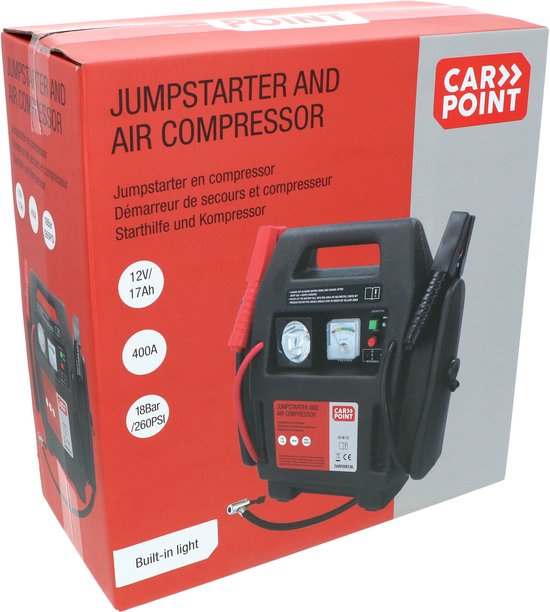 Carpoint Jumpstarter – 12 volts – Avec compresseur d'air – Puissance de crête 400 A – Rechargeable avec un adaptateur 230 volts ou 12 volts