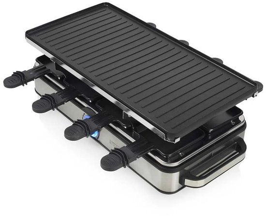 Ensemble Princess Gourmet 162645 - Raclette pour 8 personnes - Thermostat réglable - 1 400 W - Cordon d'alimentation de 2 mètres - Plaque de cuisson réversible - 8 poêlons - Acier inoxydable