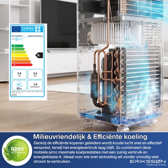 Climatiseur portable Eriksson - 10 000 BTU - Kit d'étanchéité pour fenêtre inclus - Jusqu'à 30 m² - 4-en-1 - Climatisation - Ventilateur - Déshumidificateur - Noir