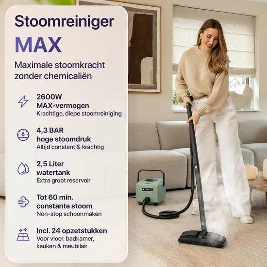 Nettoyeur vapeur LUMAN MAX – 2 600 W - 60 min d'autonomie - Réservoir d'eau de 2,5 L – Nettoyeur vapeur à main et nettoyeur de moquette - Vert