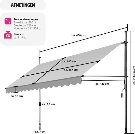 tectake - store à pinces - Auvent - marquise - réglable - store à pinces - store de balcon - 400 x 180 cm - gris clair - store - 404970