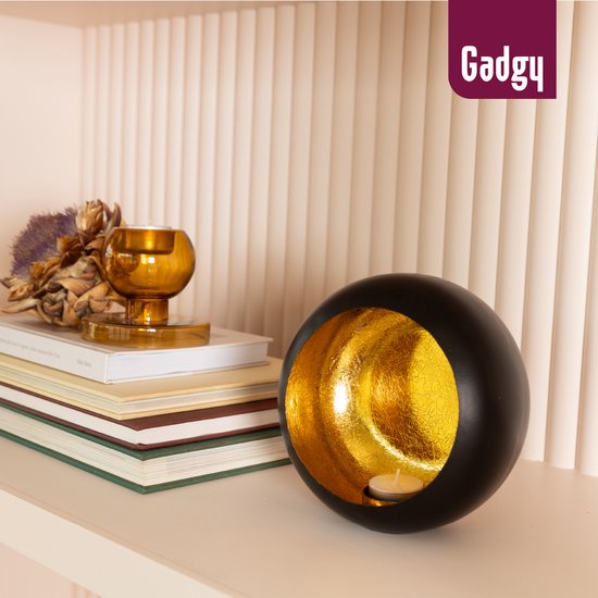 Gadgy Porte-lampions rond - Porte-lampions - Décoration de Noël Salon - Lumière d'ambiance à l'intérieur - Porte-bougies pour bougies 17x17 cm - Lampe à vent en métal - Noir/Or - Cadeau pour femme