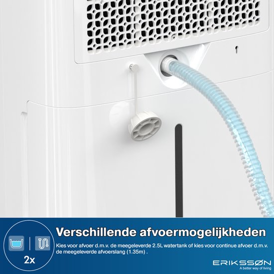 Déshumidificateur Dry Pro Plus d'Erikssøn - Déshumidifie jusqu'à 20 litres par jour - Fonction Lavage-Séchage - Convient pour la maison, la chambre, la salle de bain, le salon et le sous-sol - Déshumidificateur - Blanc