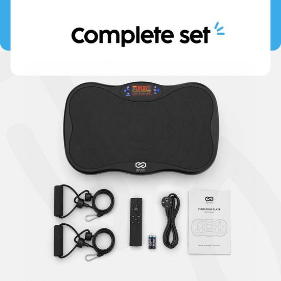 Infinity Goods Plateforme vibrante Premium - Plateforme vibrante de fitness - Bandes de résistance et poignées incluses - Powerplate - 5 programmes d'entraînement - 99 niveaux de vitesse - Musique via Bluetooth - Noir