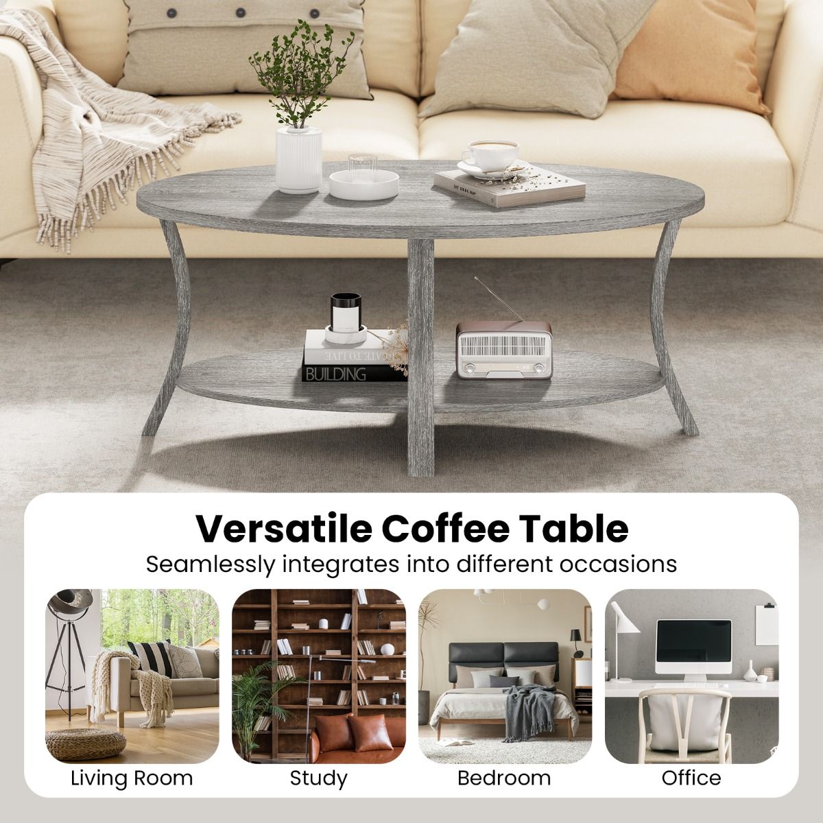 Table basse ovale Coast - 2 niveaux avec espace de rangement - bois d'hévéa - gris - 111 x 60,5 x 47 cm