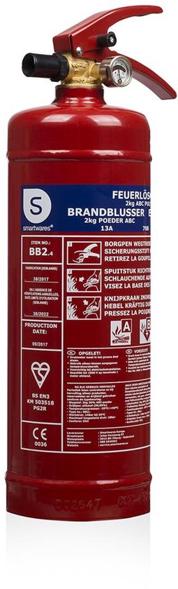Extincteur à poudre Smartwares FEX‑15120 – 2 kg – Classe d'incendie ABC – Support de fixation inclus – Adapté à un usage domestique et automobile