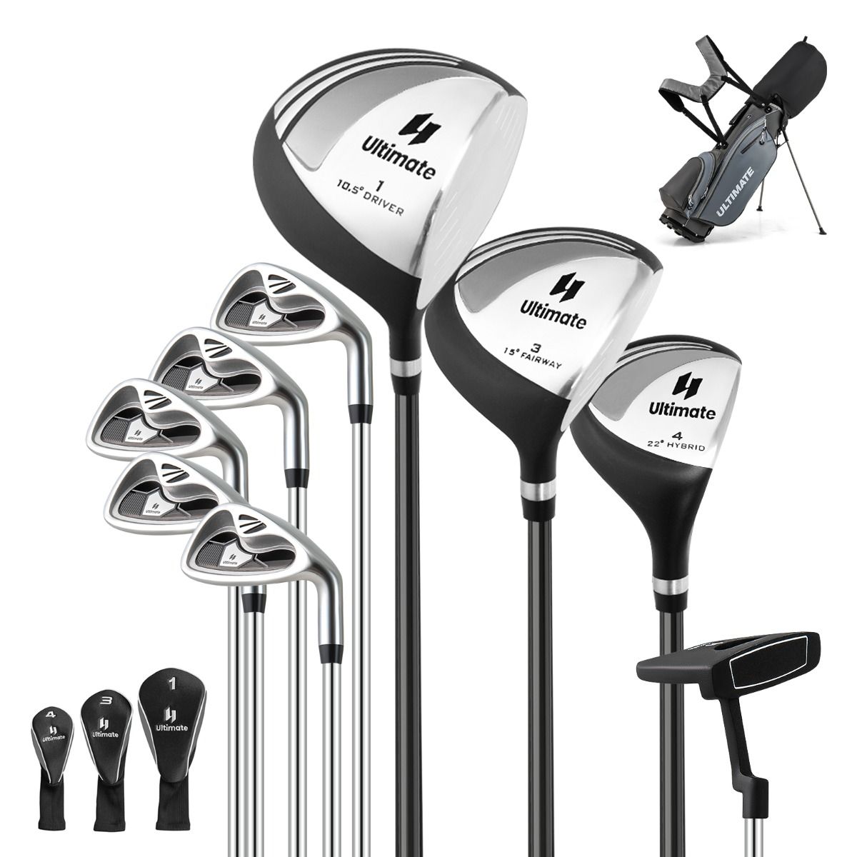 Set de golf Coast pour homme - 9 pièces - Pour droitiers - Housse de pluie incluse - Gris