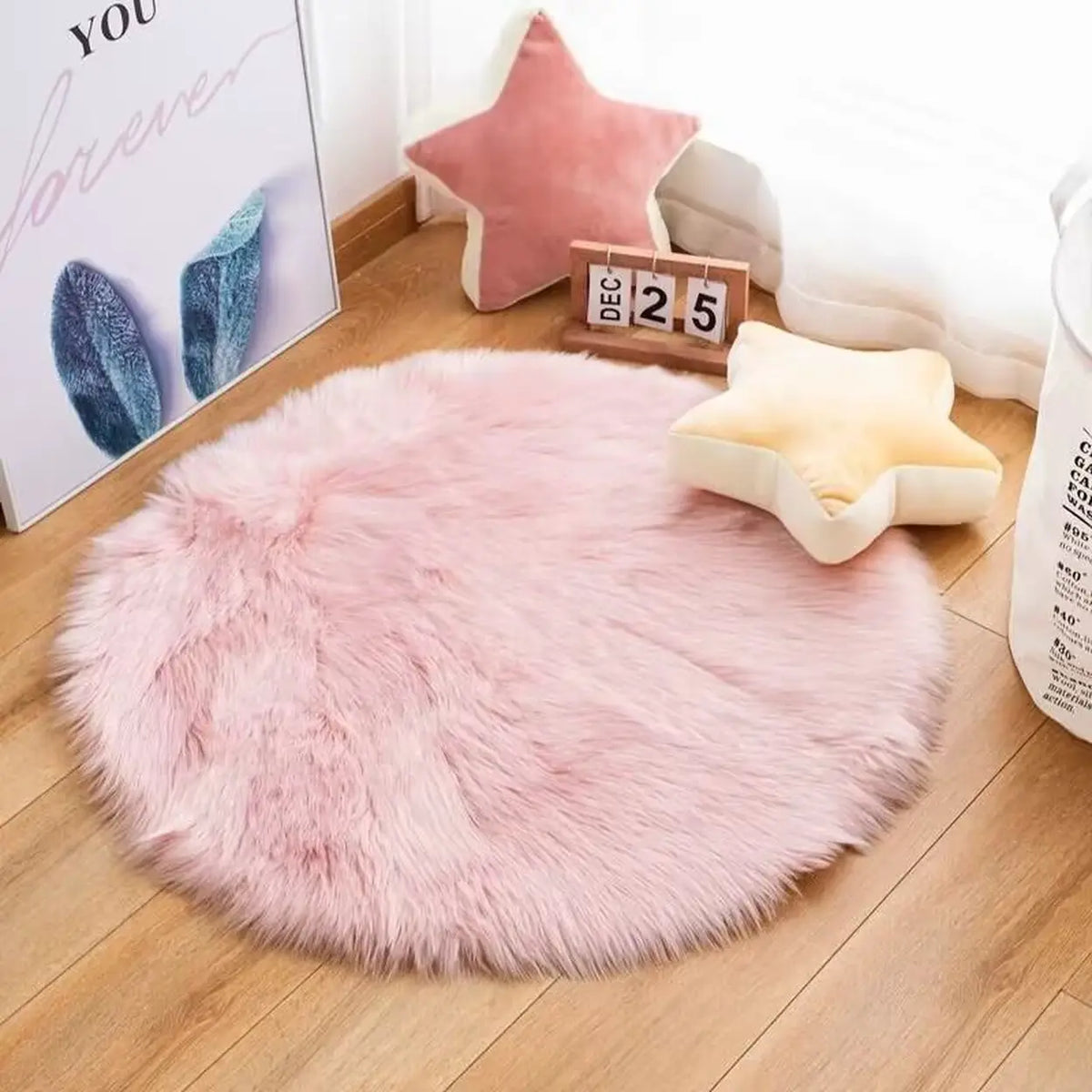 Tapis rond en fausse fourrure - rose - 90 × 90 cm