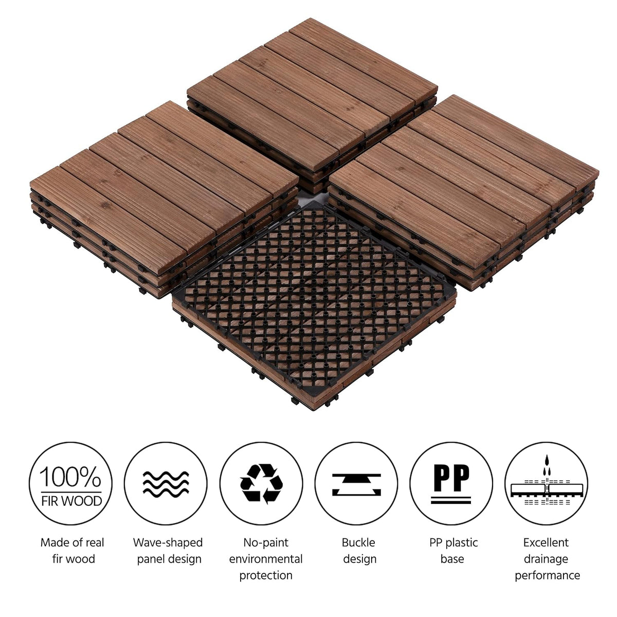 Dalles de terrasse en bois Yaheetech 30 x 30 cm – Brun chaleureux – Bois de sapin et polypropylène