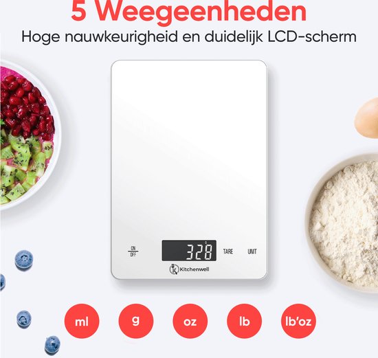 Kitchenwell Balance de cuisine numérique de précision - Balance de cuisine - 1gr - 15kg - Fonction tare - Rechargeable par USB - Blanc