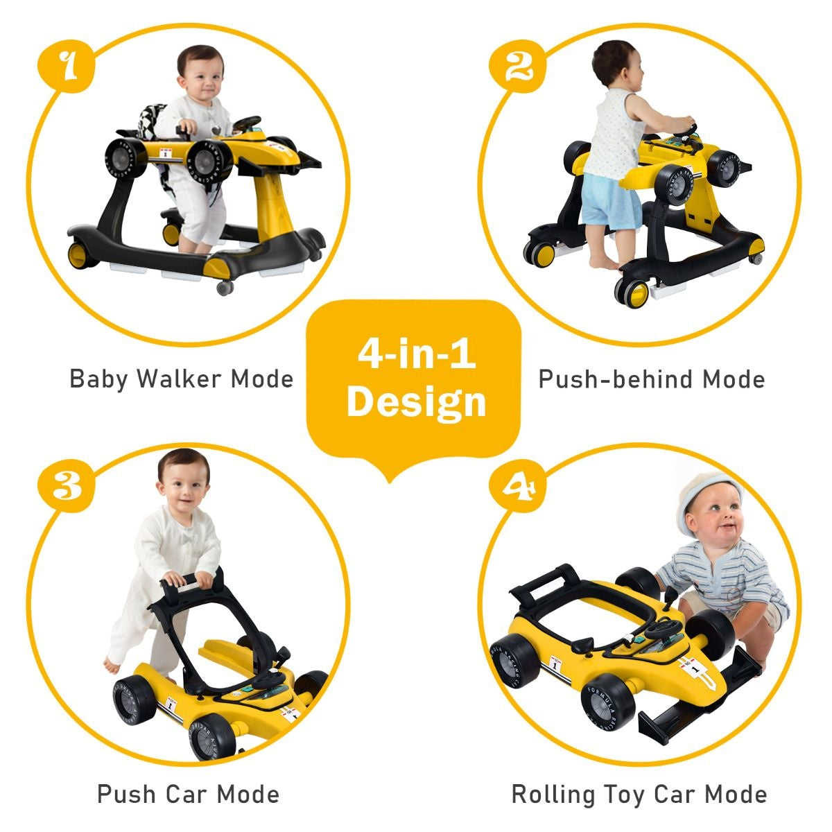 Poussette 4-en-1 avec hauteur et vitesse réglables Chariot pour bébé avec patins antidérapants Poussette pliable Noir/jaune/bleu/gris/blanc/rouge