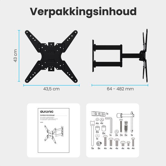 Support TV Auronic - 26 à 55 pouces - Support mural pour TV - Orientable et inclinable - Jusqu'à 40 kg - VESA 400 mm x 400 mm - Pour les modèles 43" et 55", entre autres - Noir