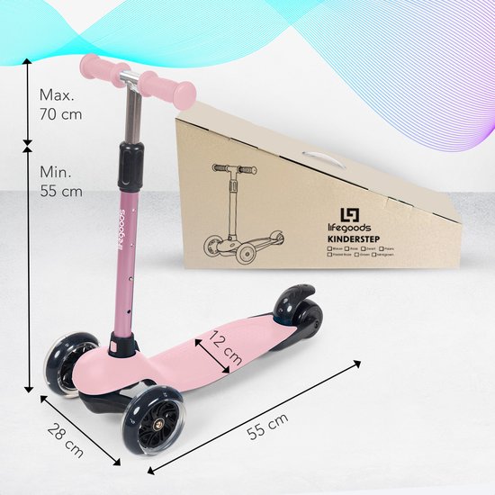 Trottinette enfants - LifeGoods - 2-5 ans - 3 roues LED lumineuses - Hauteur réglable - Garçons/Filles - Rose pastel