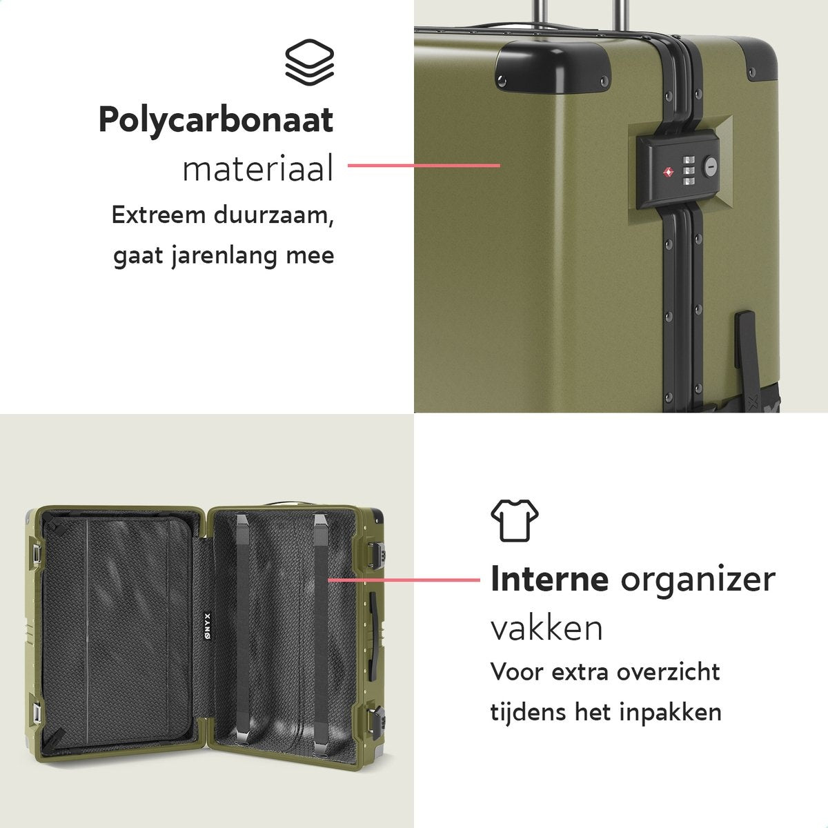 ONYX® Check-in Suitcase 65L - TSA lock - Spinner wheels - Lightweight Trolley - Aluminium closure - Olive green