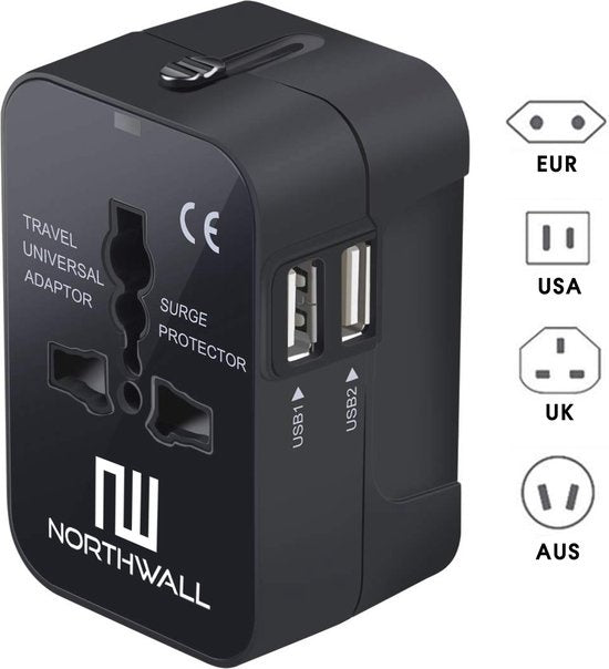 Adaptateur Universel avec 2 ports USB à charge rapide - Northwall - Prise de voyage internationale pour plus de 150 pays - Angleterre, Amérique, Afrique du Sud, USA, Italie, Royaume-Uni, Australie, Inde, ...