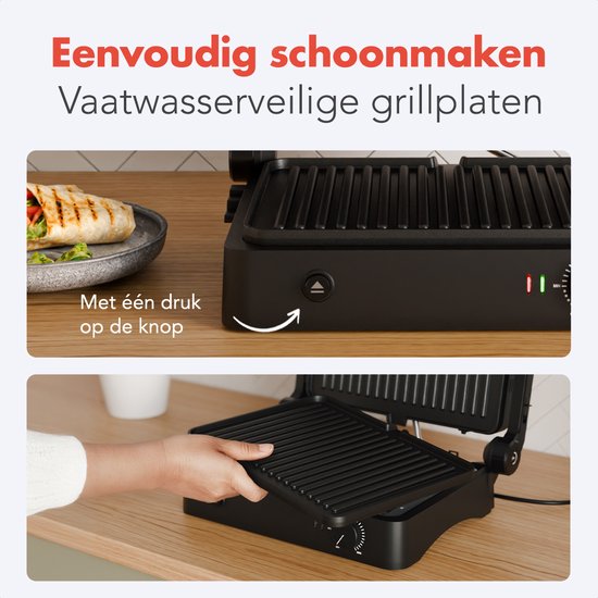 KitchenBrothers Contact Grill - Appareil à griller - Plaques de gril amovibles - Gril à panini - 3 réglages de hauteur - Fer à toasti - 2000W - acier inoxydable