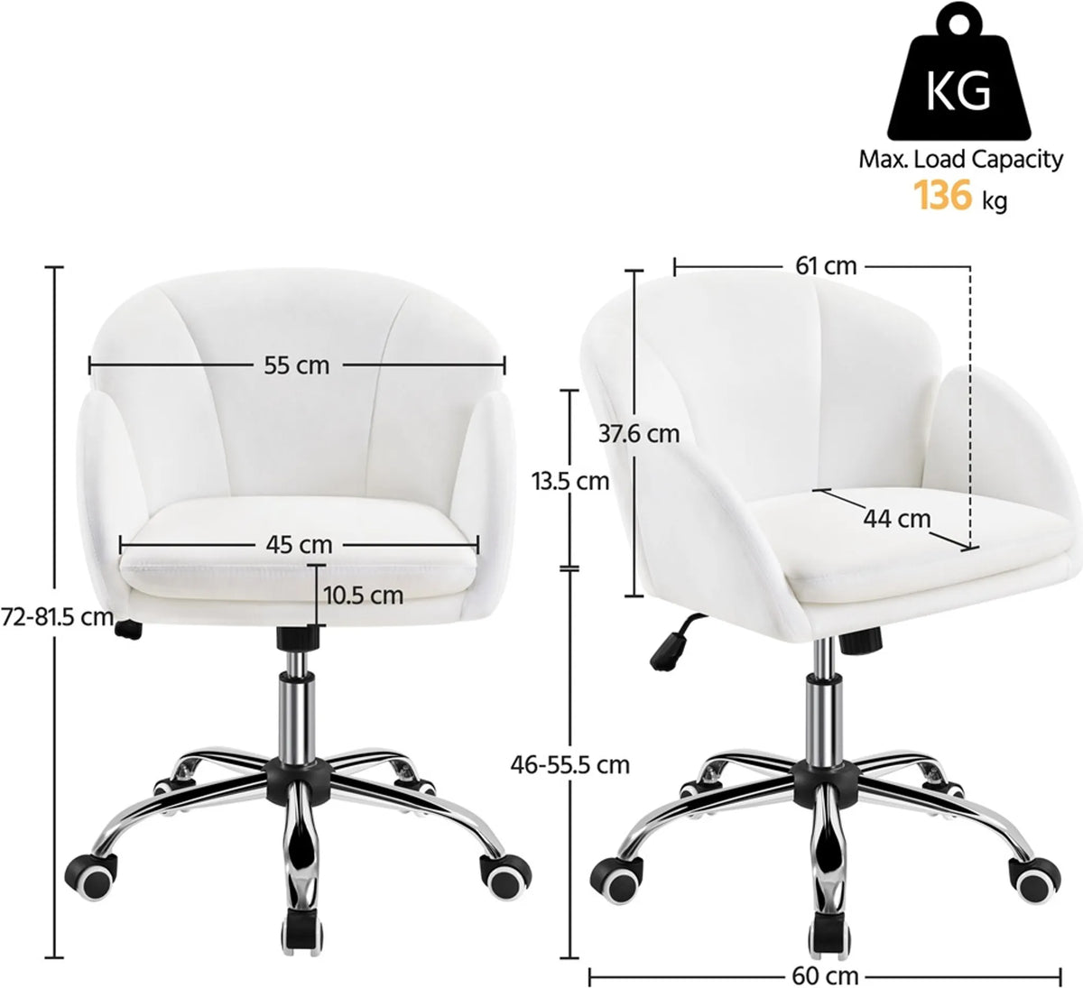 Yaheetech : élégante chaise de bureau avec motif floral, hauteur 72-81,5 cm – Blanc neige – Polyester et métal
