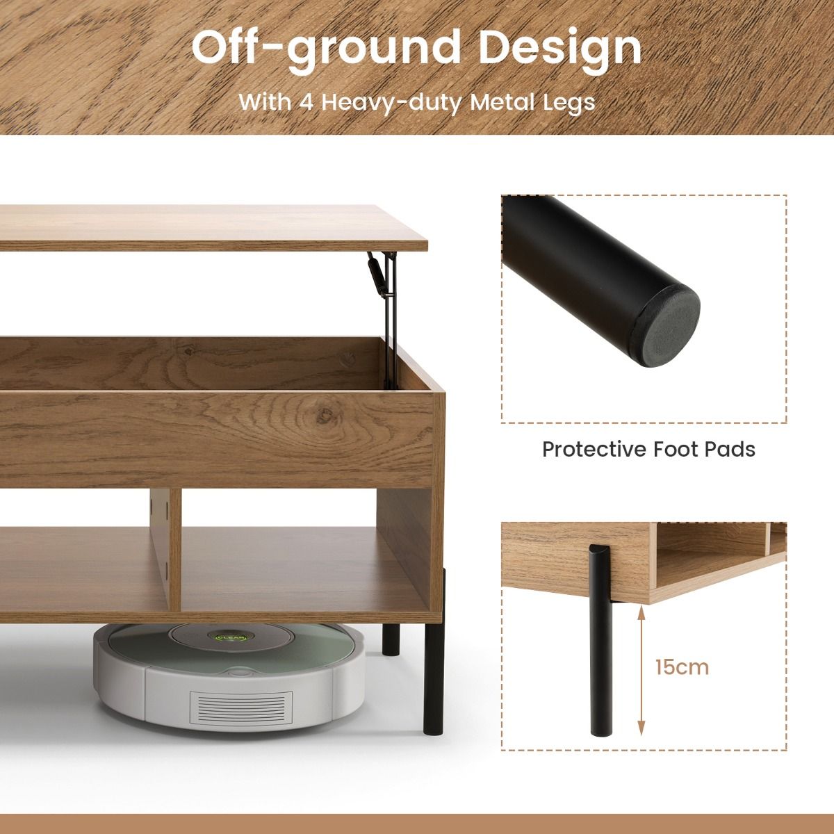 Table basse réglable Coast avec plateau relevable et 3 compartiments ouverts - 104,5 x 49 x 62,5 cm - coloris naturel