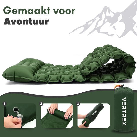 Vertrex Inflate-X1 Matelas de couchage avec pompe intégrée - Lit gonflable - 1 personne - Vert mousse