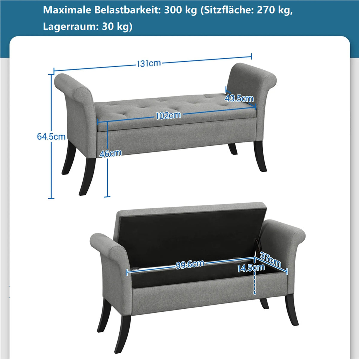 Yaheetech Banquette avec rangement et accoudoirs - 131 x 43,5 x 64,5 cm - Gris clair