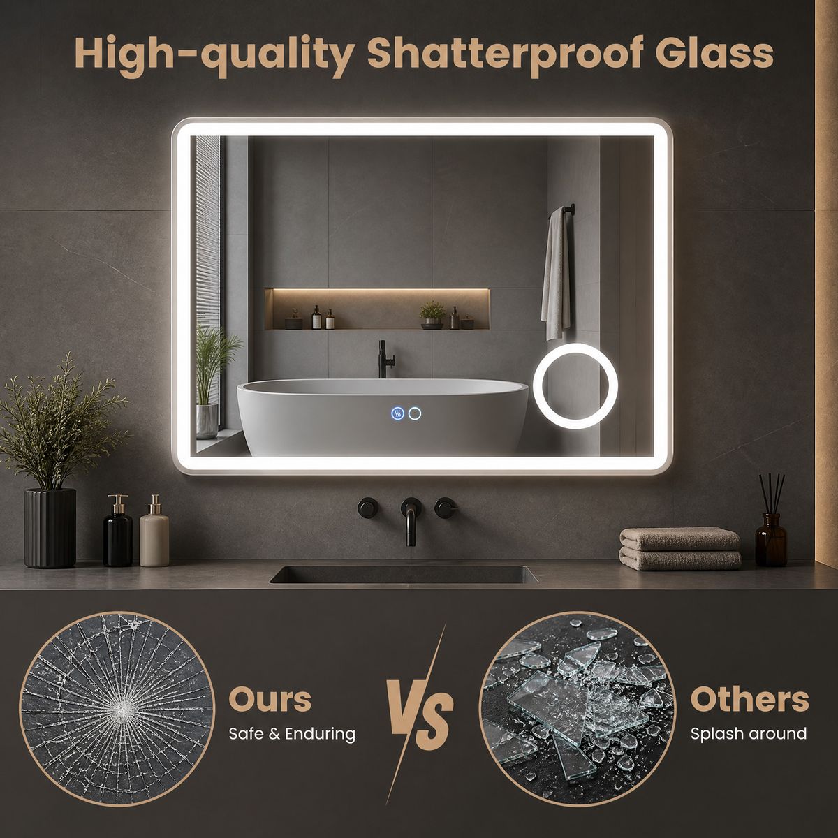 Miroir de salle de bains Coast à LED - miroir grossissant 3x intégré - éclairage à intensité variable - 80 x 60 cm - argent