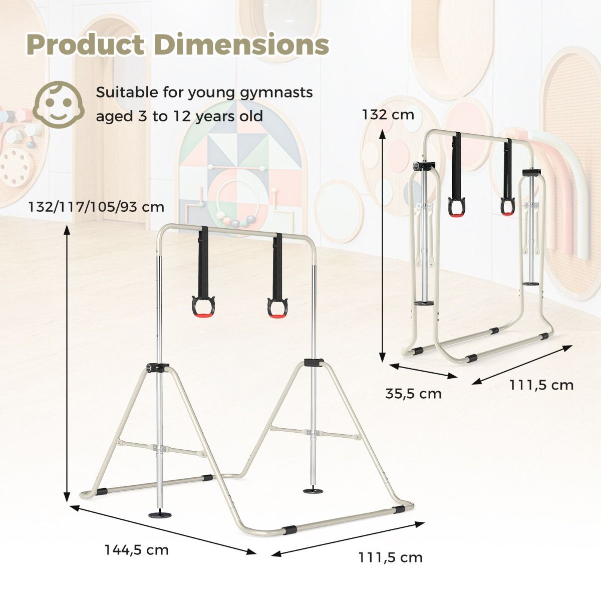Barre de gymnastique télescopique Coast pour enfants - réglable en hauteur sur 4 niveaux - design pliable - beige
