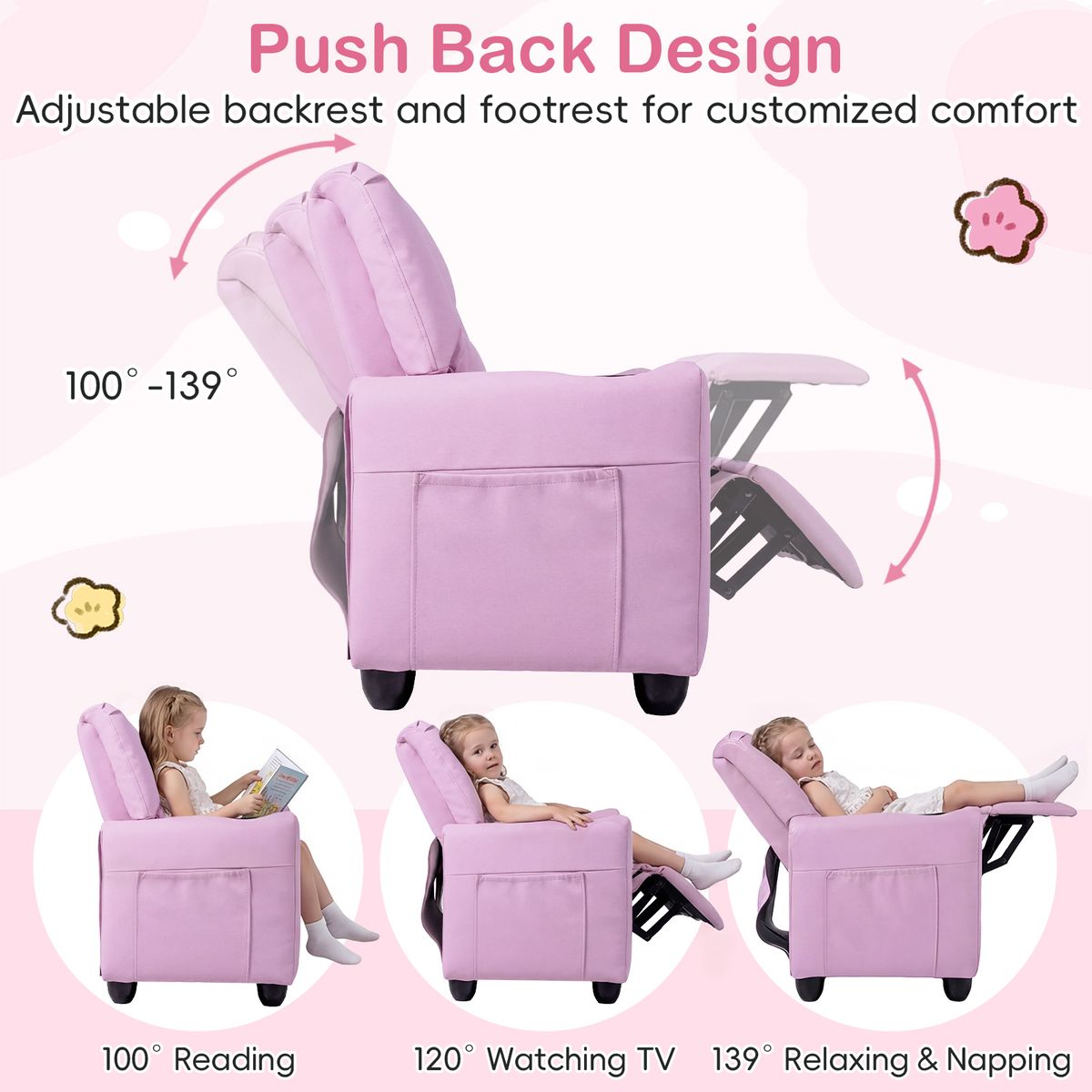 Banc pour enfants Coast avec fonction d'inclinaison - double assise - porte-gobelets - rose 54 x 94 x 68 cm