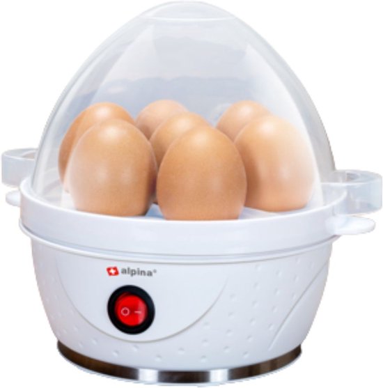 Chaudron à oeufs électrique alpina - Chaudron à oeufs pour 7 oeufs - avec gobelet de mesure, grille à oeufs et pique-oeufs - 230V - 320-380W - Signal d'avertissement - Antidérapant - Oeufs à la coque, moyens ou durs