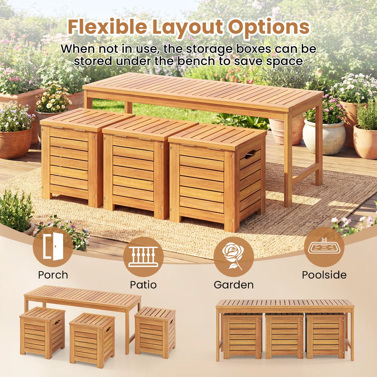 Banc de jardin Coast avec rangement - 3 compartiments de rangement - 115 x 45 cm - couleur naturelle