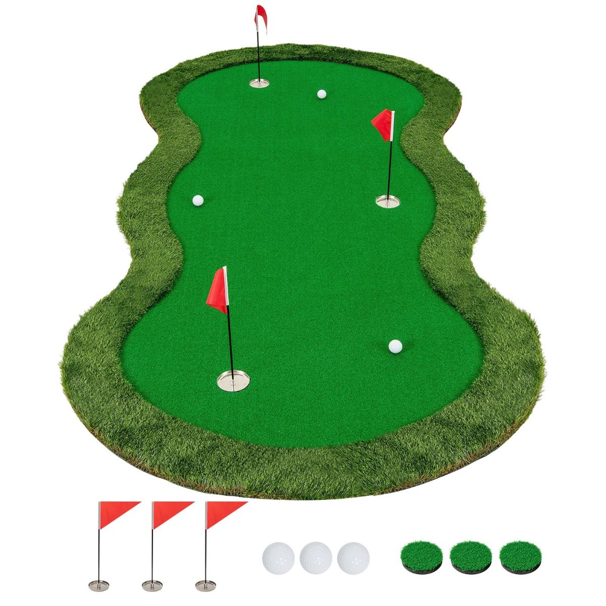 Tapis de putting Coast Golf - 3 trous - balles de golf et drapeaux inclus - 300 x 150 cm - vert