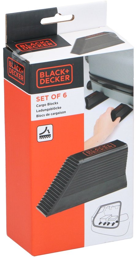 BLACK+DECKER Kit de 6 supports à bagages - Organisateur de coffre - pour valises, cartons de déménagement, courses et plus encore - Butées de chargement - Pinces à bagages - Plastique - Noir