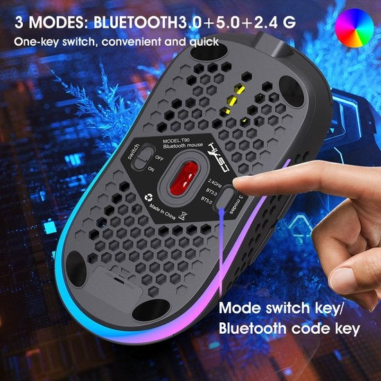 HXSJ T90 Souris de jeu sans fil 2.4G - Bluetooth - Souris d'ordinateur - Ultra légère - Eclairage RVB - Noir