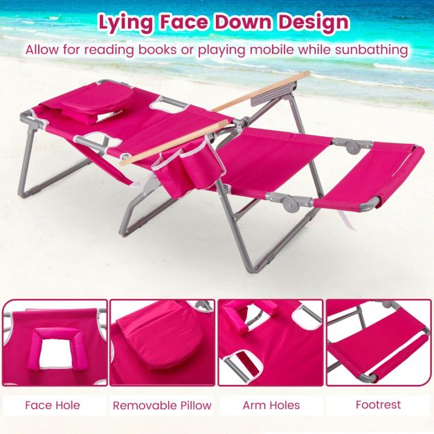 Chaise de plage pliable Coast 66 x 149 x 56 cm - 3-en-1 - Repose-pieds/ouverture au niveau du visage - Rouge rose