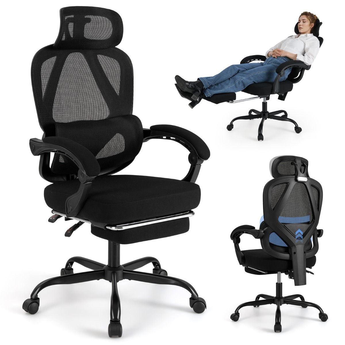 Chaise de bureau ergonomique Coast - dossier et appui-tête réglables - repose-pieds rétractable - noir