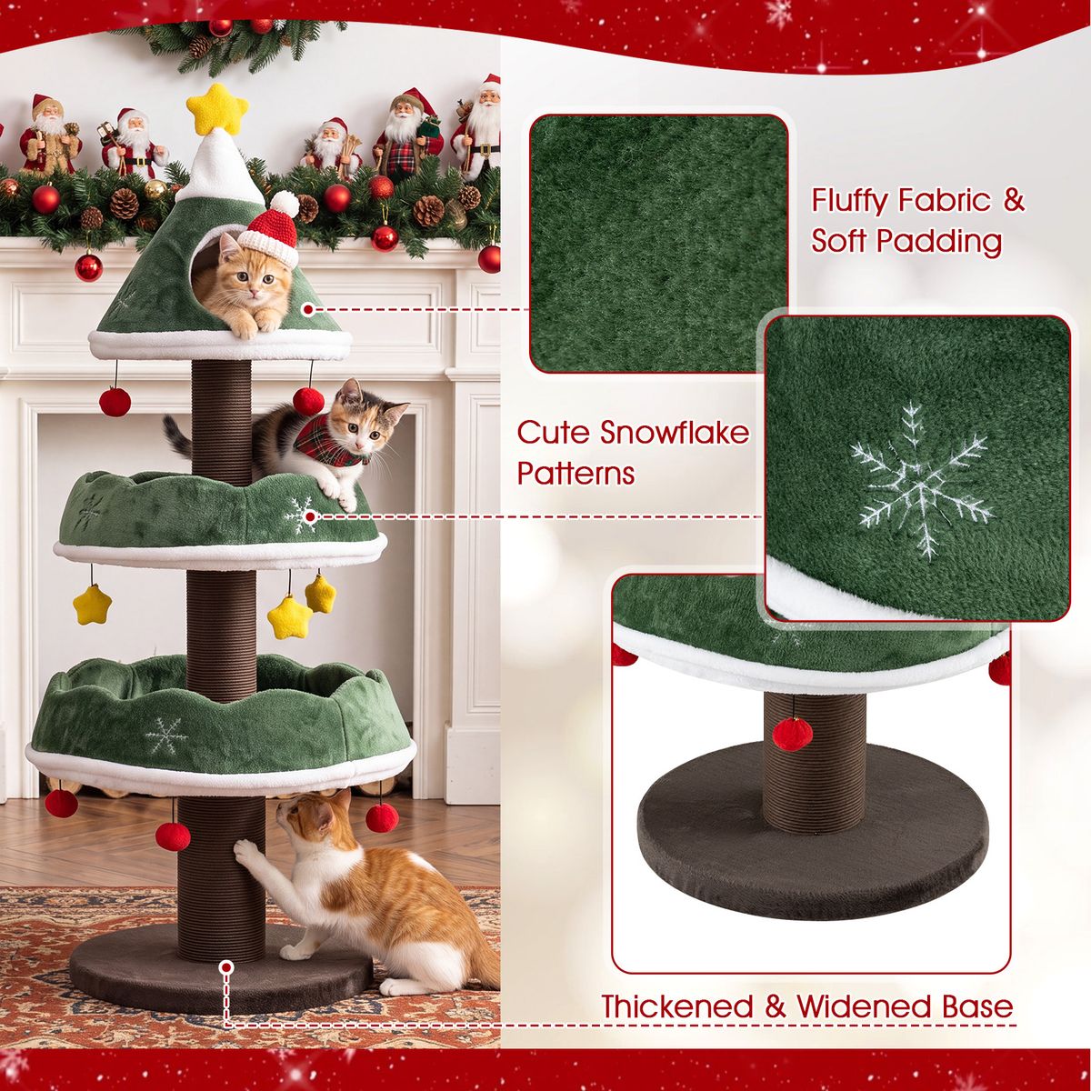 Arbre à chat Coast - motif sapin de Noël - avec grotte au sommet et boules suspendues - vert 143 cm